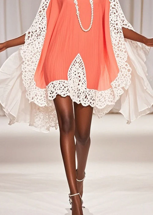 Art Orange Hollow Out Chiffon Patchwork Dresses Half Sleeve - Image 4