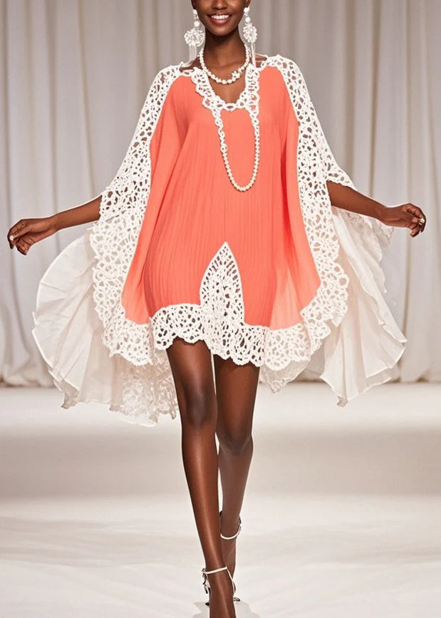 Art Orange Hollow Out Chiffon Patchwork Dresses Half Sleeve - Image 5