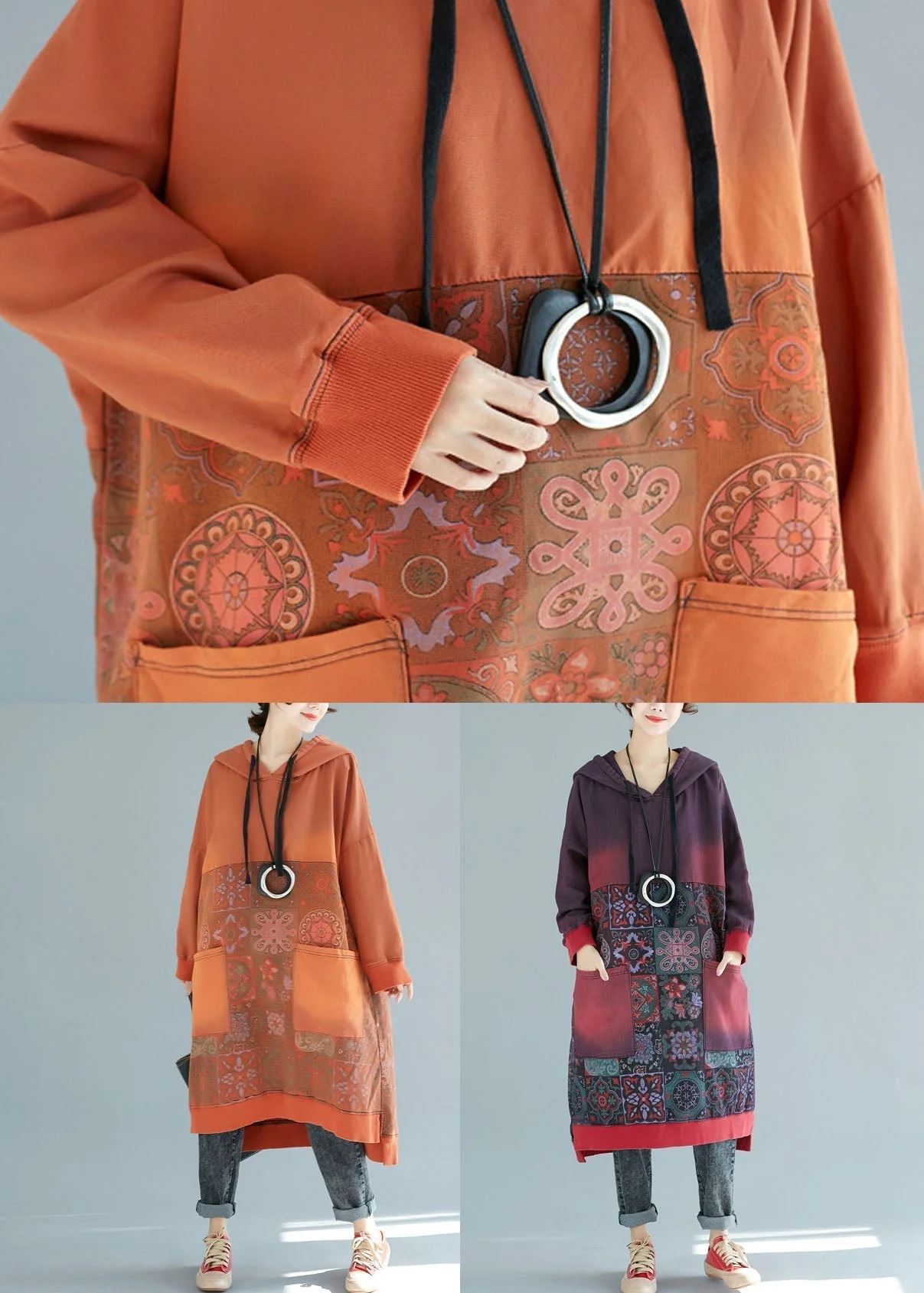 Art Orange Hooded Patchwork Cotton Dresses Spring - Image 5