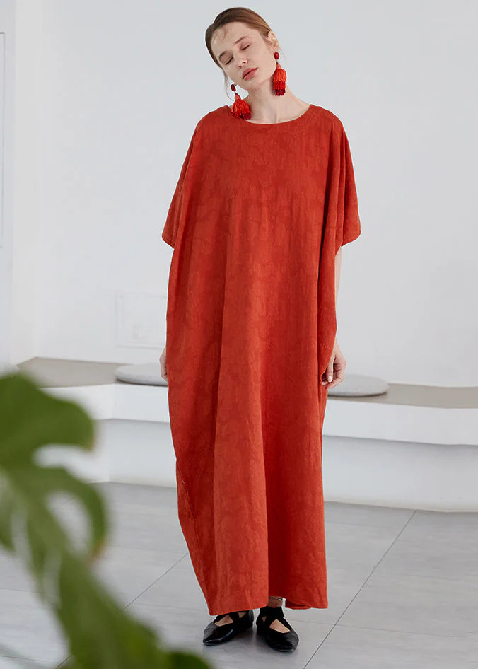 Art Orange O Neck Jacquard Pockets Cotton Robe Dress Summer - Image 2