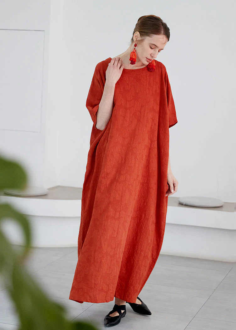 Art Orange O Neck Jacquard Pockets Cotton Robe Dress Summer - Image 3