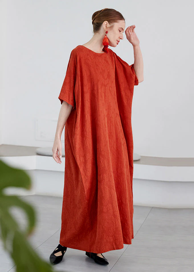 Art Orange O Neck Jacquard Pockets Cotton Robe Dress Summer - Image 4