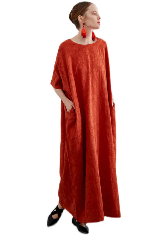Art Orange O Neck Jacquard Pockets Cotton Robe Dress Summer - Image 5