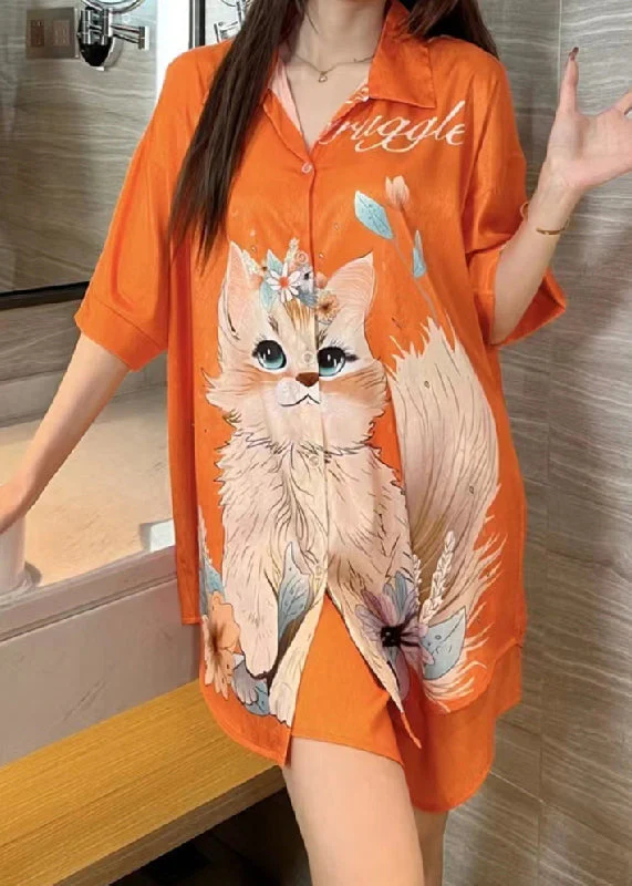 Art Orange Peter Pan Collar Print Ice Silk Pajamas Blouses Dress Spring - Image 3