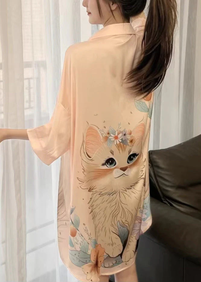 Art Orange Peter Pan Collar Print Ice Silk Pajamas Blouses Dress Spring - Image 5
