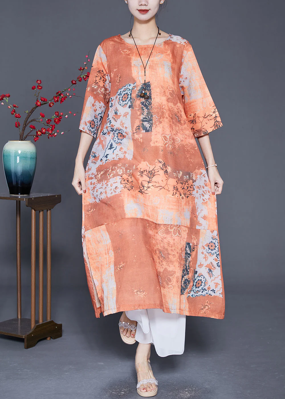Art Orange Print Side Open Linen Long Dress Summer - Image 2