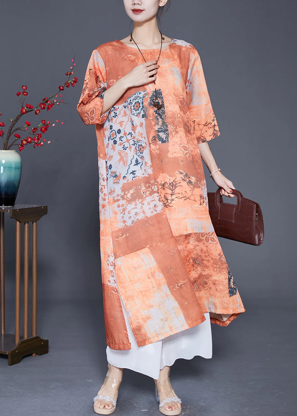 Art Orange Print Side Open Linen Long Dress Summer - Image 3