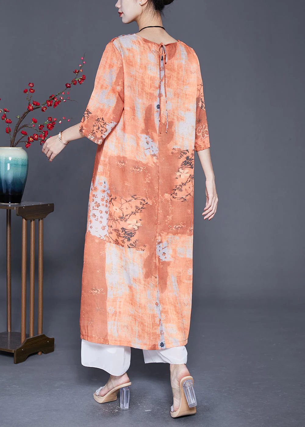 Art Orange Print Side Open Linen Long Dress Summer - Image 4