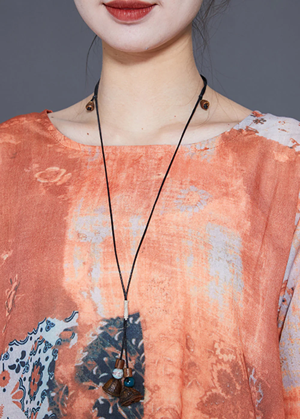 Art Orange Print Side Open Linen Long Dress Summer - Image 5