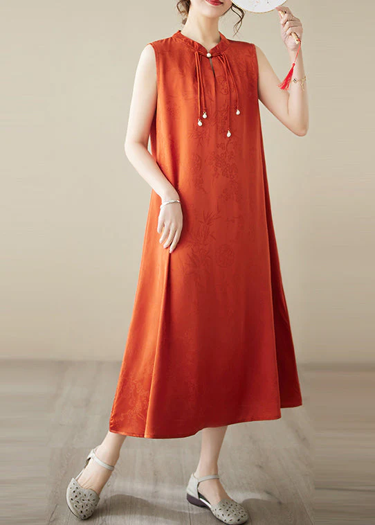 Art Orange Tasseled Jacquard Silk Dress Sleeveless - Image 4
