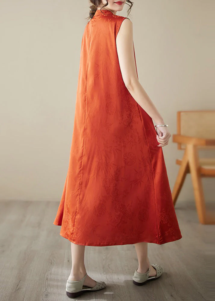 Art Orange Tasseled Jacquard Silk Dress Sleeveless - Image 5