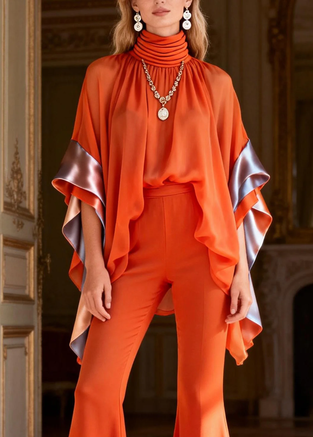 Art Orange Turtleneck Patchwork Chiffon Top And Flared Trousers Two Piece Set Flare Sleeve - Image 2