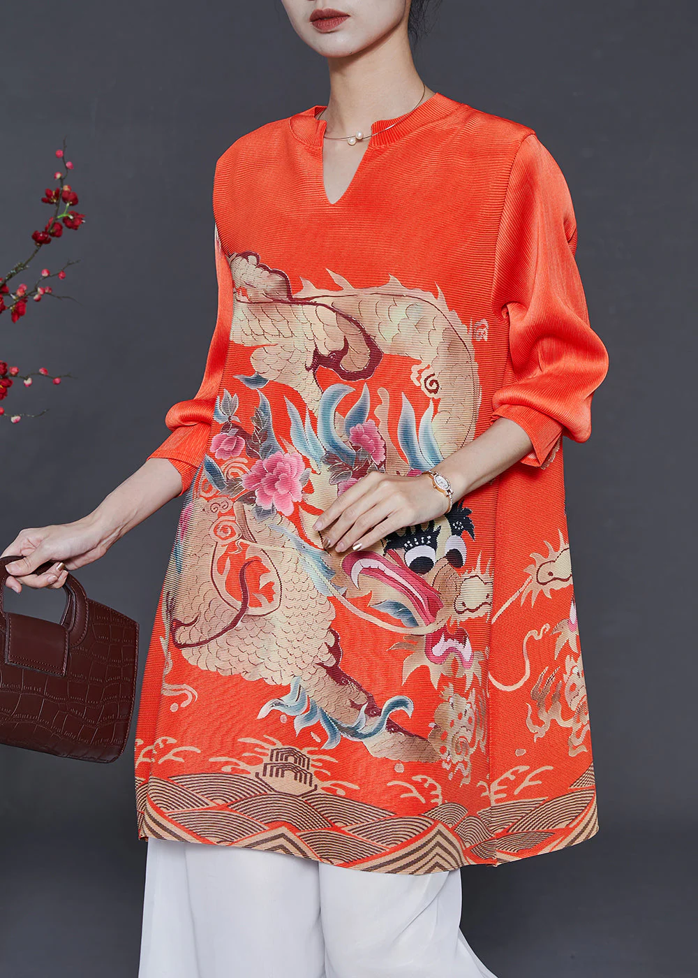 Art Orange V Neck Dragon Print Cotton Short Dress Spring - Image 2