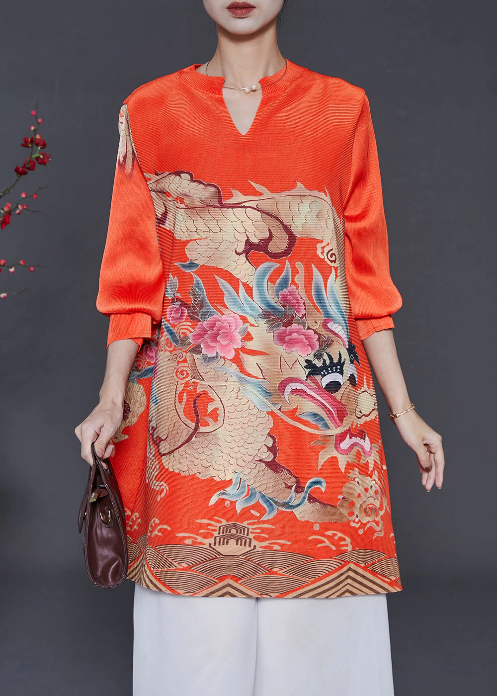 Art Orange V Neck Dragon Print Cotton Short Dress Spring - Image 3