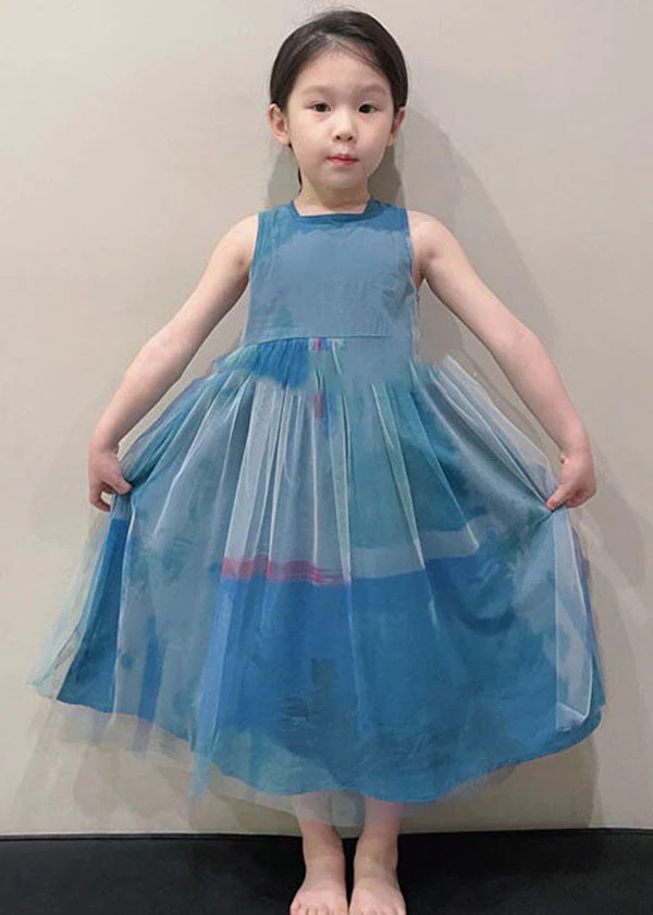Art Peacock Blue O Neck Wrinkled Patchwork Tulle Kids Girls Long Dress Sleeveless - Image 2