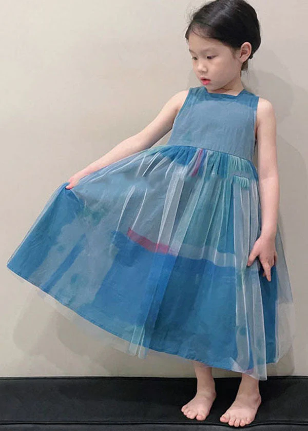 Art Peacock Blue O Neck Wrinkled Patchwork Tulle Kids Girls Long Dress Sleeveless - Image 3