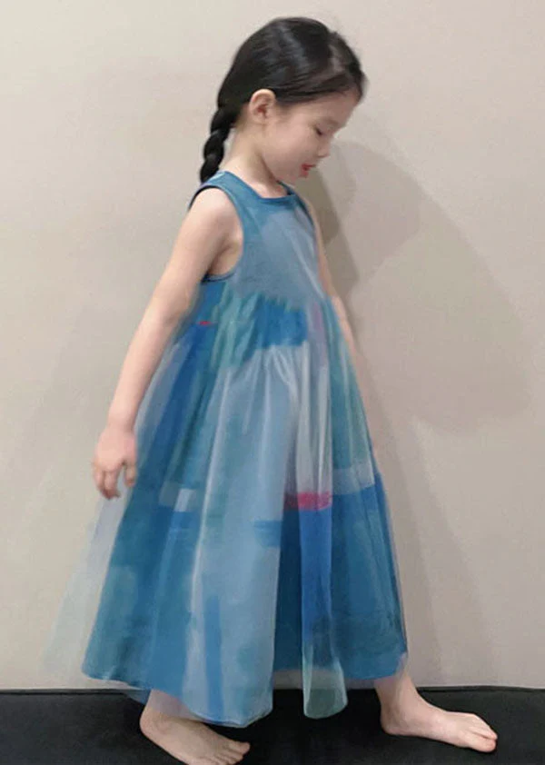 Art Peacock Blue O Neck Wrinkled Patchwork Tulle Kids Girls Long Dress Sleeveless - Image 4