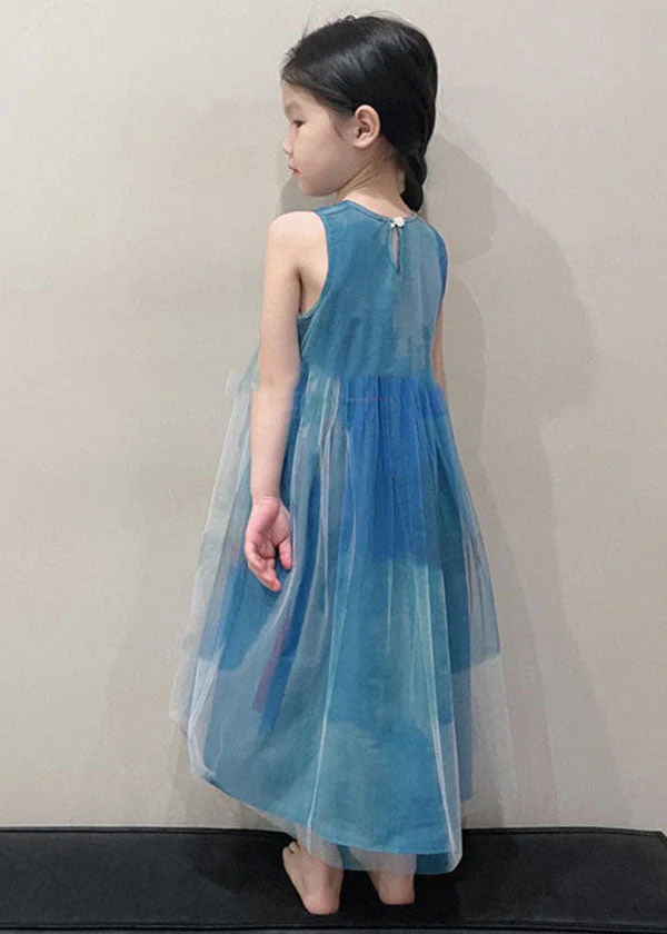 Art Peacock Blue O Neck Wrinkled Patchwork Tulle Kids Girls Long Dress Sleeveless - Image 5