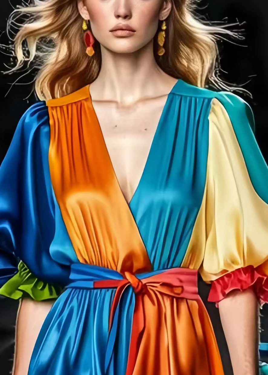 Art Peacock Blue Patchwork Silk Cinched Dresses Puff Sleeve - Image 3