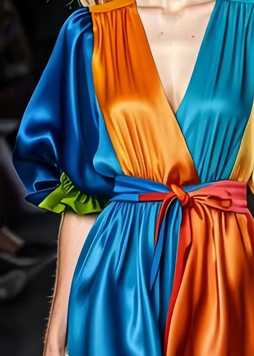 Art Peacock Blue Patchwork Silk Cinched Dresses Puff Sleeve - Image 4