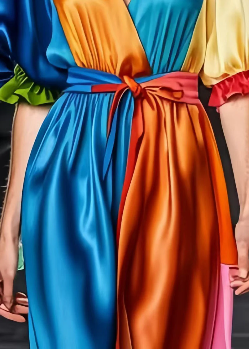 Art Peacock Blue Patchwork Silk Cinched Dresses Puff Sleeve - Image 5