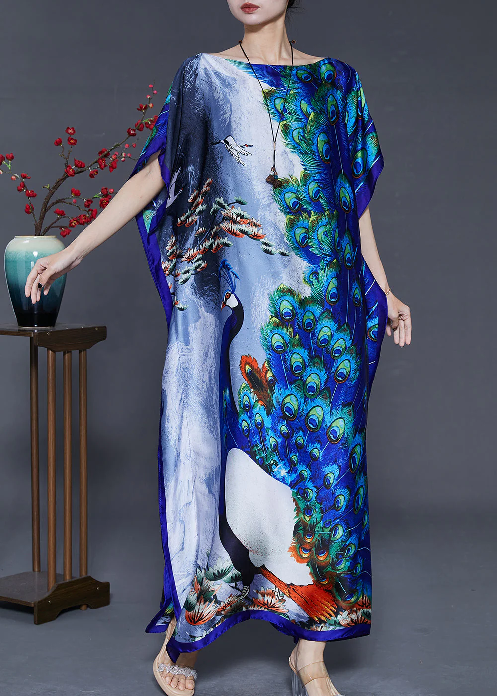 Art Peacock Blue Print Silk Holiday Dress Batwing Sleeve - Image 2