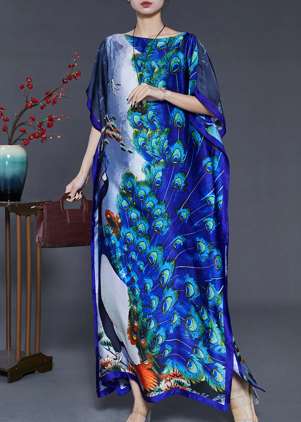 Art Peacock Blue Print Silk Holiday Dress Batwing Sleeve - Image 3