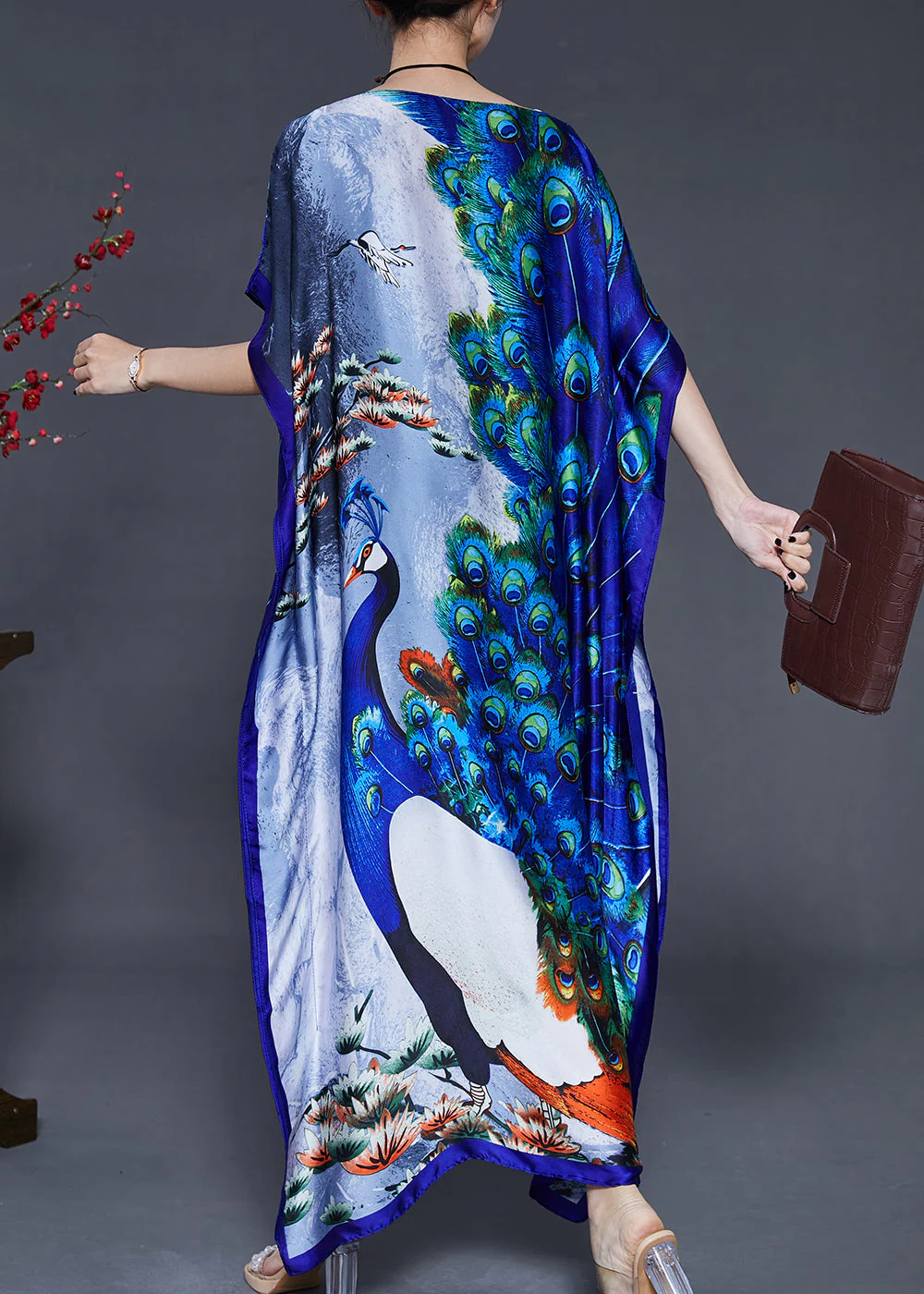 Art Peacock Blue Print Silk Holiday Dress Batwing Sleeve - Image 4