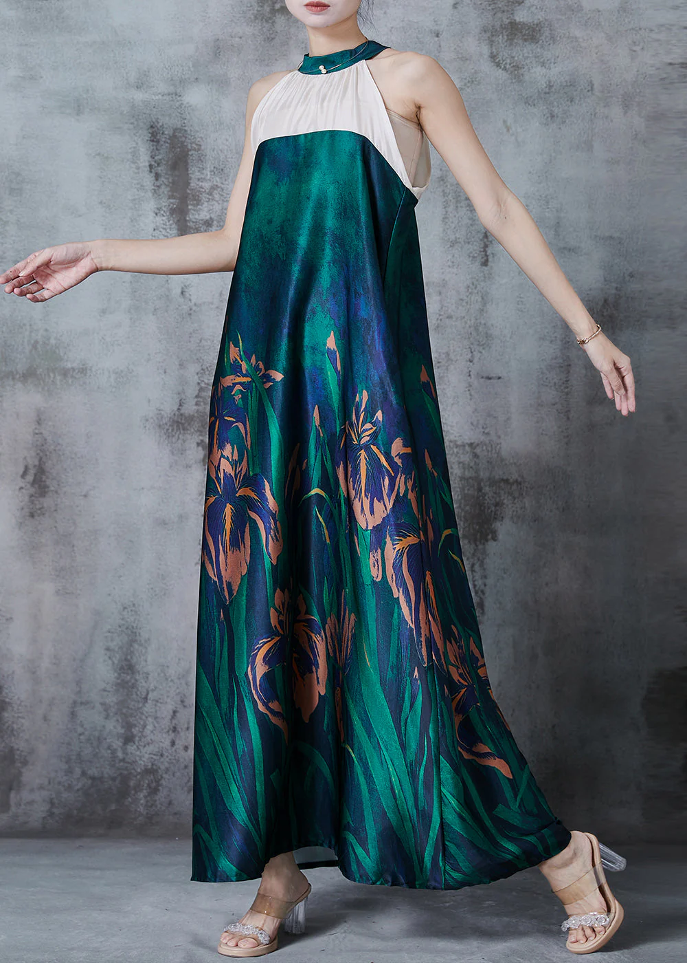 Art Peacock Green Cold Shoulder Patchwork Silk Halter Dress Summer - Image 2