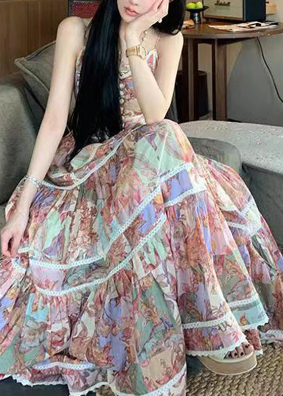 Art Photo Color V Neck Print Patchwork Spaghetti Strap Dress Summer - Image 3