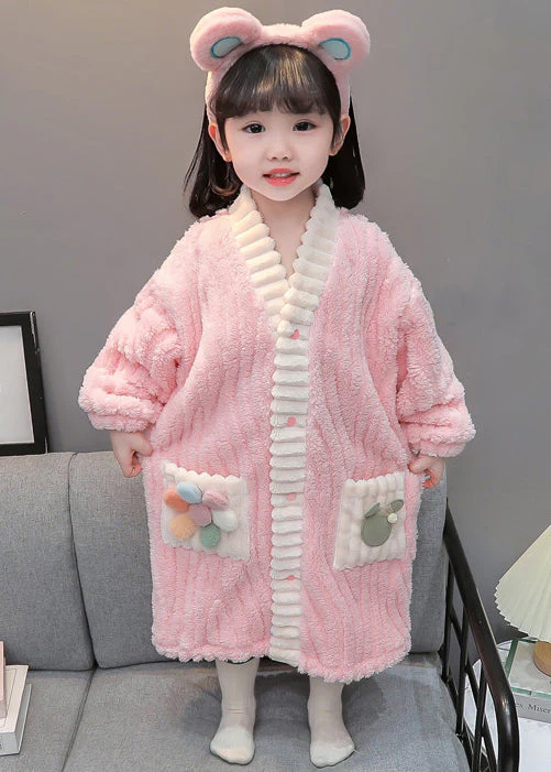 Art Pink Button Patchwork Fluffy Girls Pajamas Dress Long Sleeve - Image 3