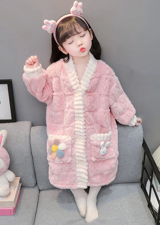 Art Pink Button Patchwork Fluffy Girls Pajamas Dress Long Sleeve - Image 4