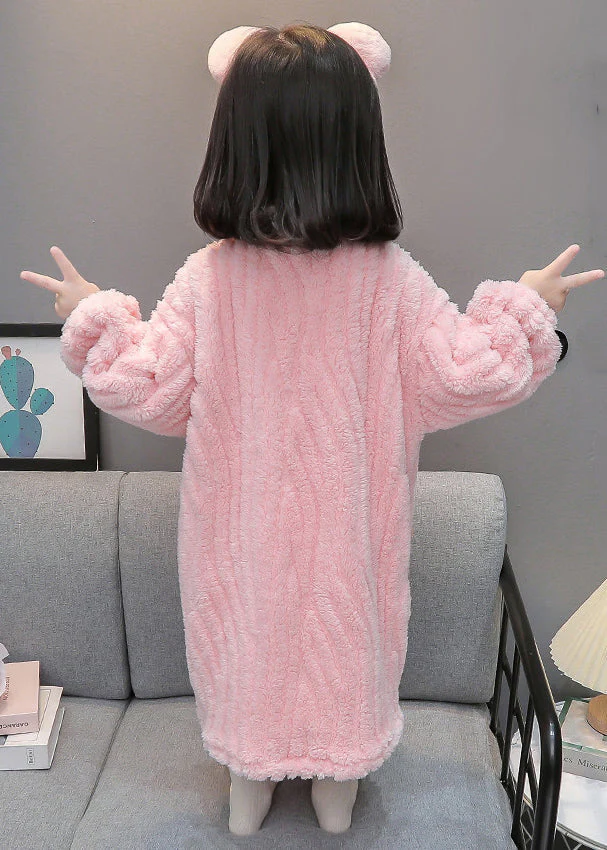 Art Pink Button Patchwork Fluffy Girls Pajamas Dress Long Sleeve - Image 5