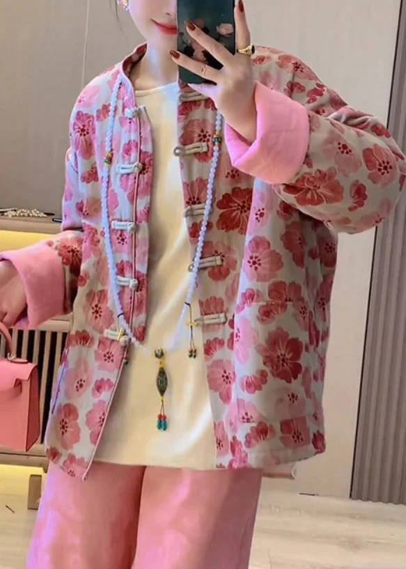 Art Pink Chinese Button Print Pockets Fine Cotton Coat Spring - Image 3