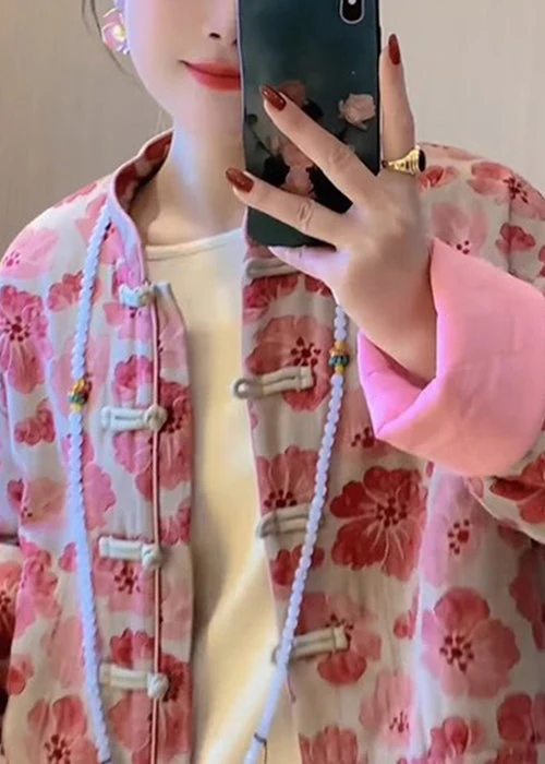 Art Pink Chinese Button Print Pockets Fine Cotton Coat Spring - Image 4