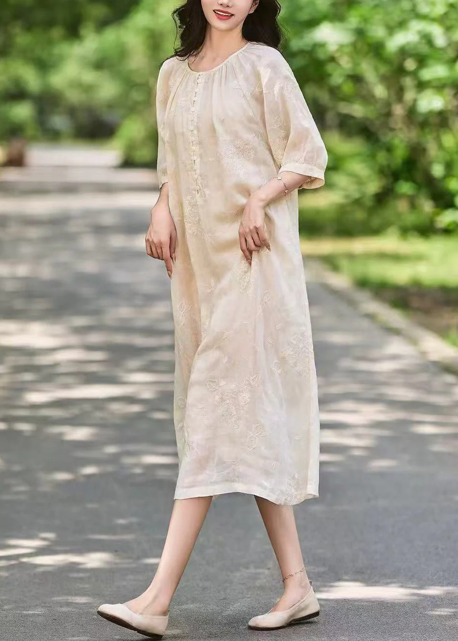 Art Pink Embroidered Button Pockets Linen Long Dress Half Sleeve - Image 5