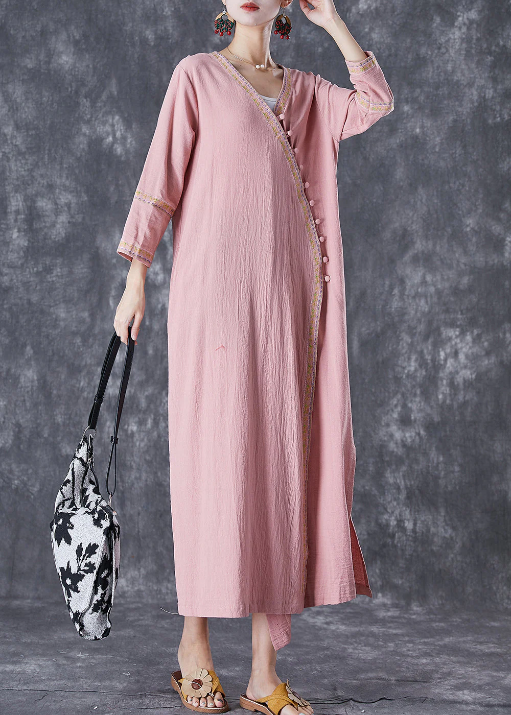 Art Pink Embroideried Button Linen Dresses Fall - Image 2