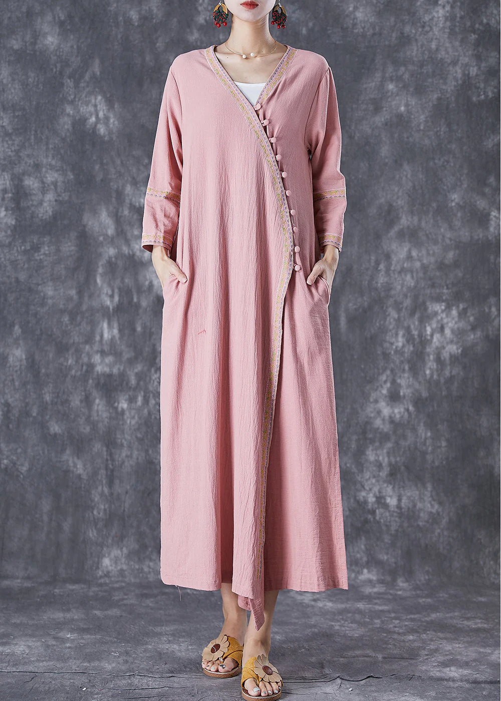 Art Pink Embroideried Button Linen Dresses Fall - Image 3