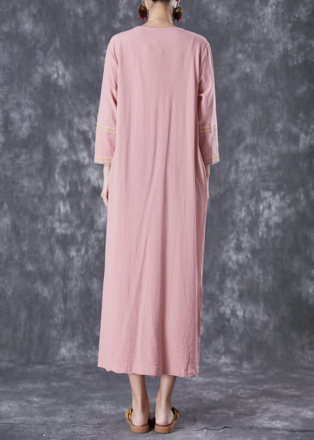 Art Pink Embroideried Button Linen Dresses Fall - Image 4