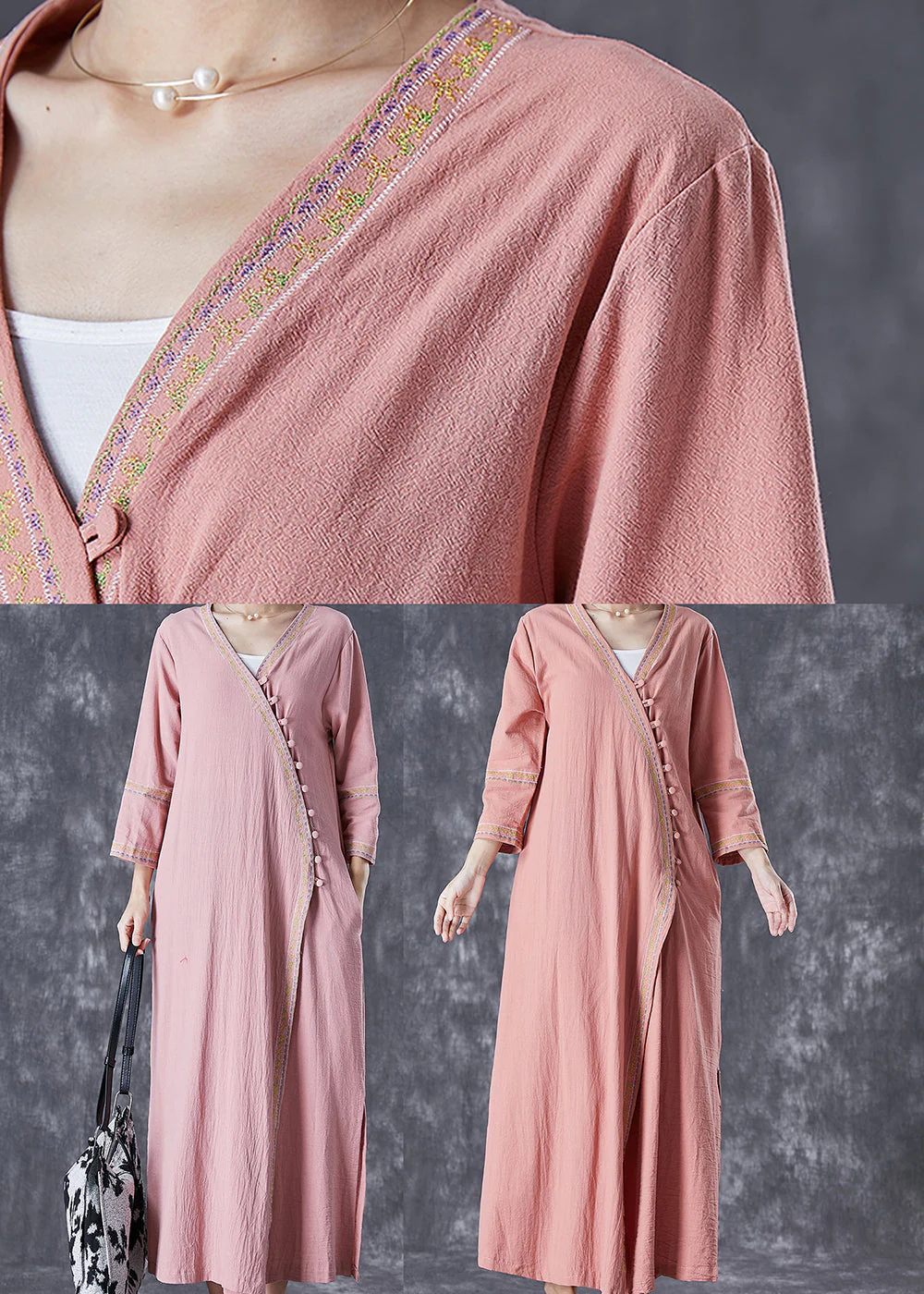 Art Pink Embroideried Button Linen Dresses Fall - Image 5
