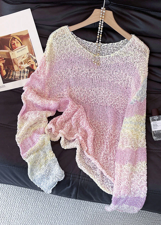 Art Pink Gradient Color Hollow Out Cozy Knit Sweater Tops Fall - Image 2