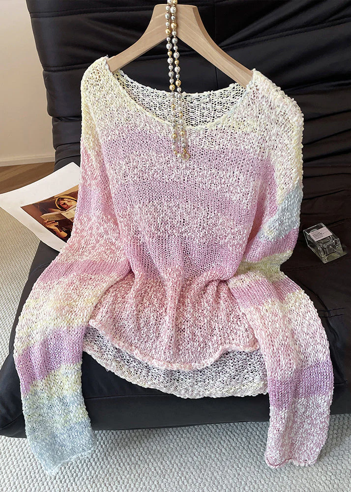 Art Pink Gradient Color Hollow Out Cozy Knit Sweater Tops Fall - Image 3