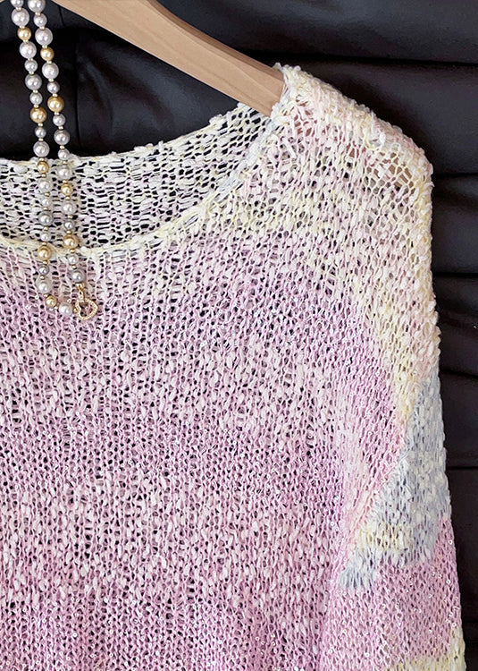 Art Pink Gradient Color Hollow Out Cozy Knit Sweater Tops Fall - Image 4