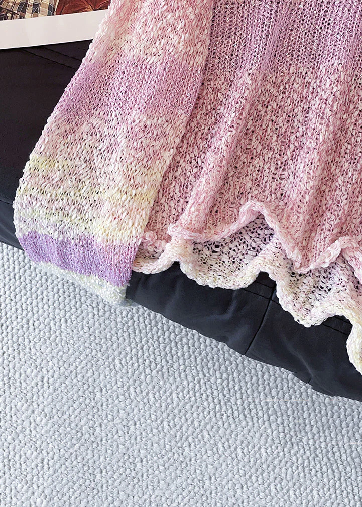 Art Pink Gradient Color Hollow Out Cozy Knit Sweater Tops Fall - Image 5