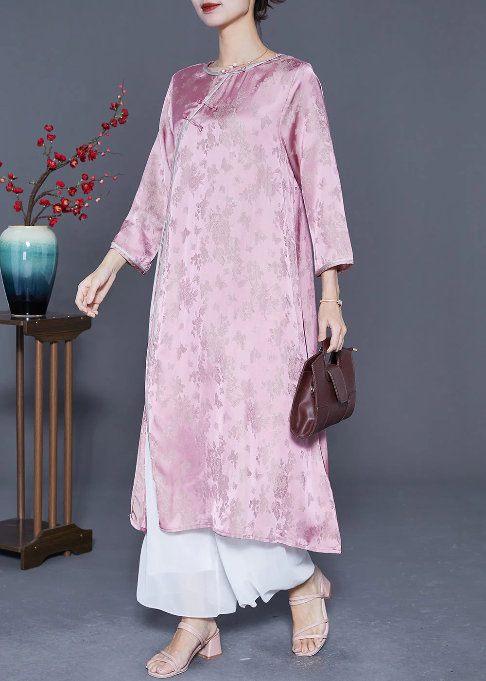 Art Pink Jacquard Side Open Lace Up Silk Oriental Long Dresses Summer - Image 2