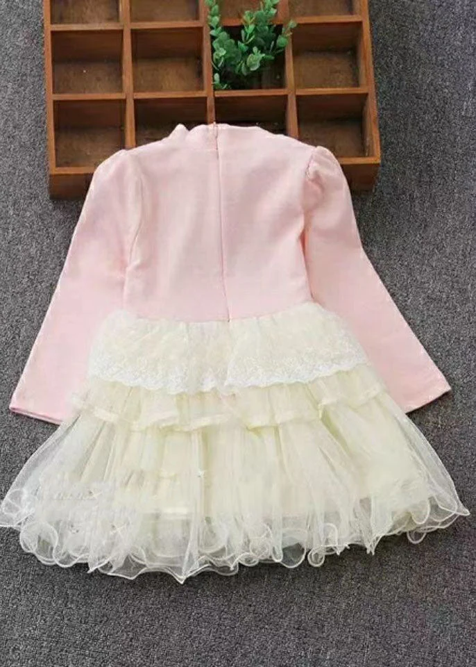 Art Pink O-Neck Lace Patchwork Floral Tulle Girls Maxi Dresses Fall - Image 2