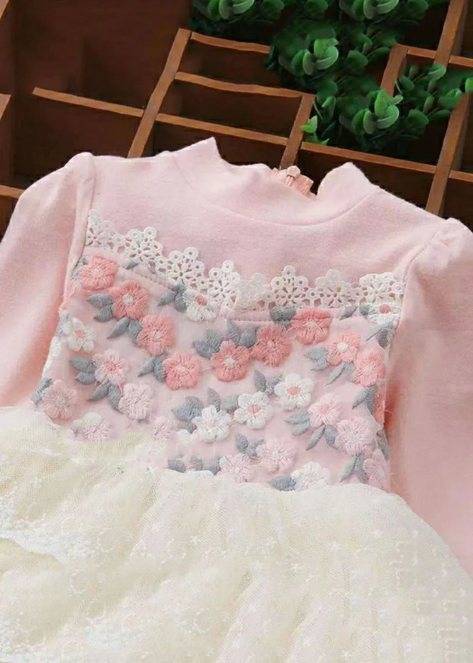Art Pink O-Neck Lace Patchwork Floral Tulle Girls Maxi Dresses Fall - Image 3