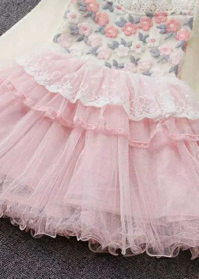 Art Pink O-Neck Lace Patchwork Floral Tulle Girls Maxi Dresses Fall - Image 4