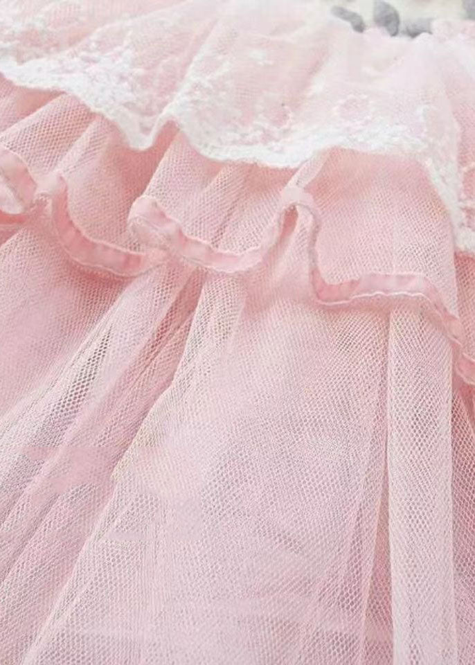 Art Pink O-Neck Lace Patchwork Floral Tulle Girls Maxi Dresses Fall - Image 5
