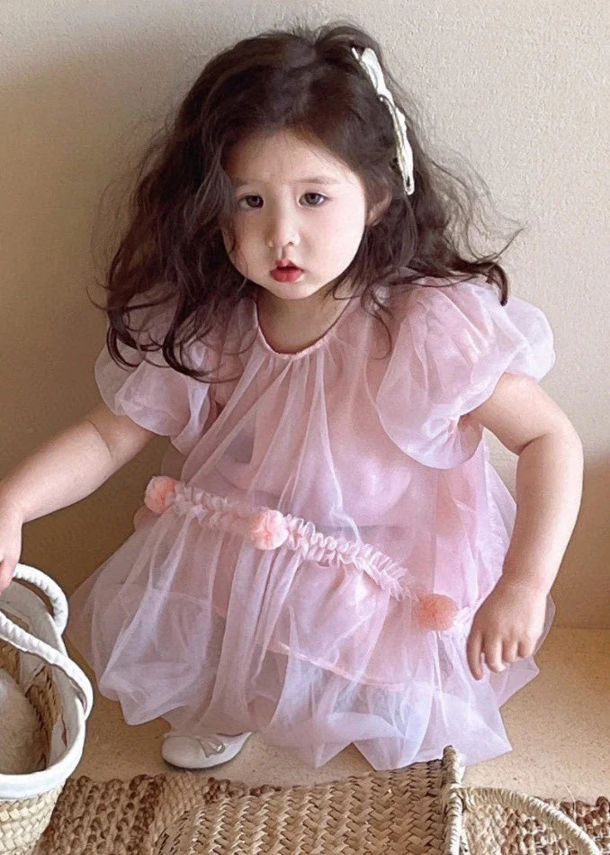 Art Pink O-Neck Patchwork Solid Tulle Baby Mid Dress Short Sleeve - Image 2